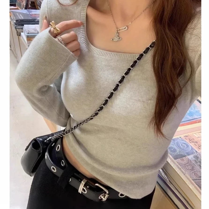 【现货】2025针织衫秋季冬季小众女针织长袖方领显瘦时尚气质毛衣