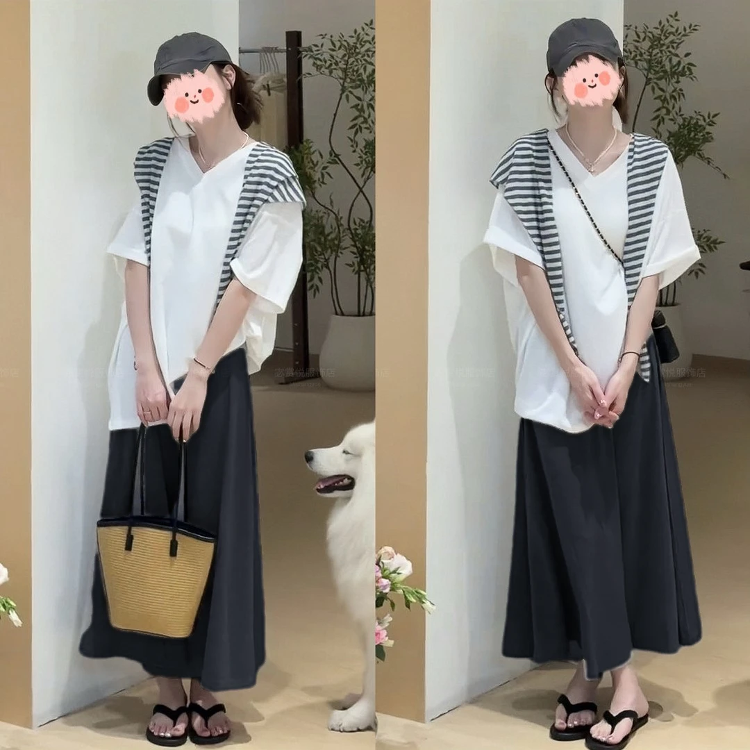 2025夏季新款韩系千金贵气风上衣T套装舒适显瘦长裙洋气衣服女