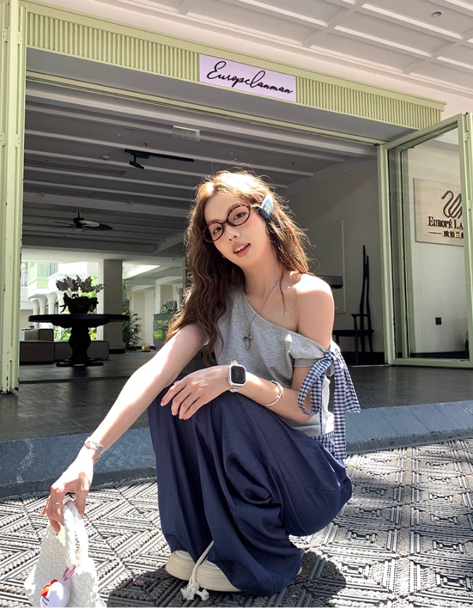 慵懒纯欲风格纹拼接假两件短袖t恤夏季新款褶皱收腰显瘦上衣女装