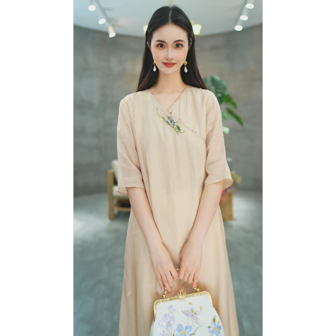 赠李白【好运莲莲】100支苎麻显瘦气质中国风旗袍中款原创盘扣6796