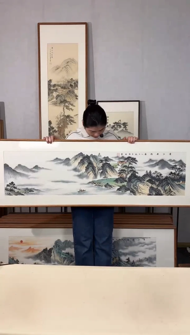 国画手绘*清江锤钓图*52*172cm带框发货