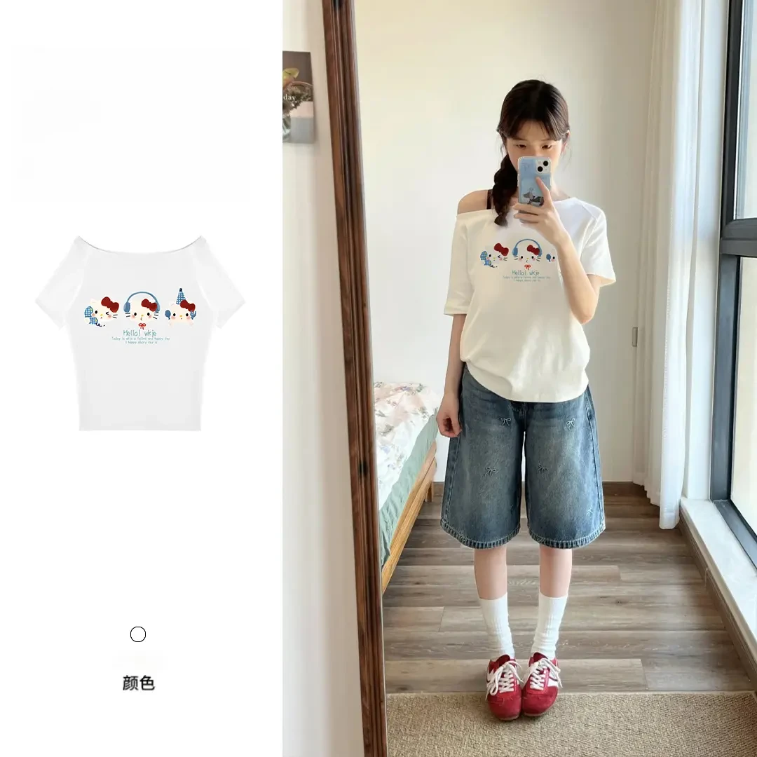 一字斜肩短袖T恤女夏季新款休闲百搭时尚设计感小众甜辣上衣洋气