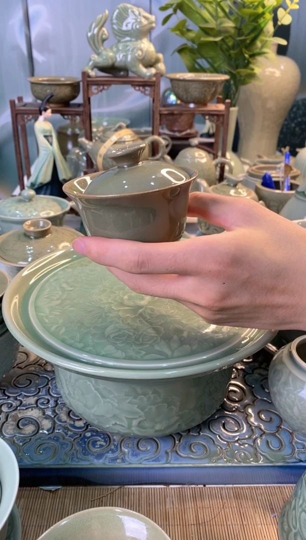 耀州窑特价 黑泥素面二才盖碗【000035】