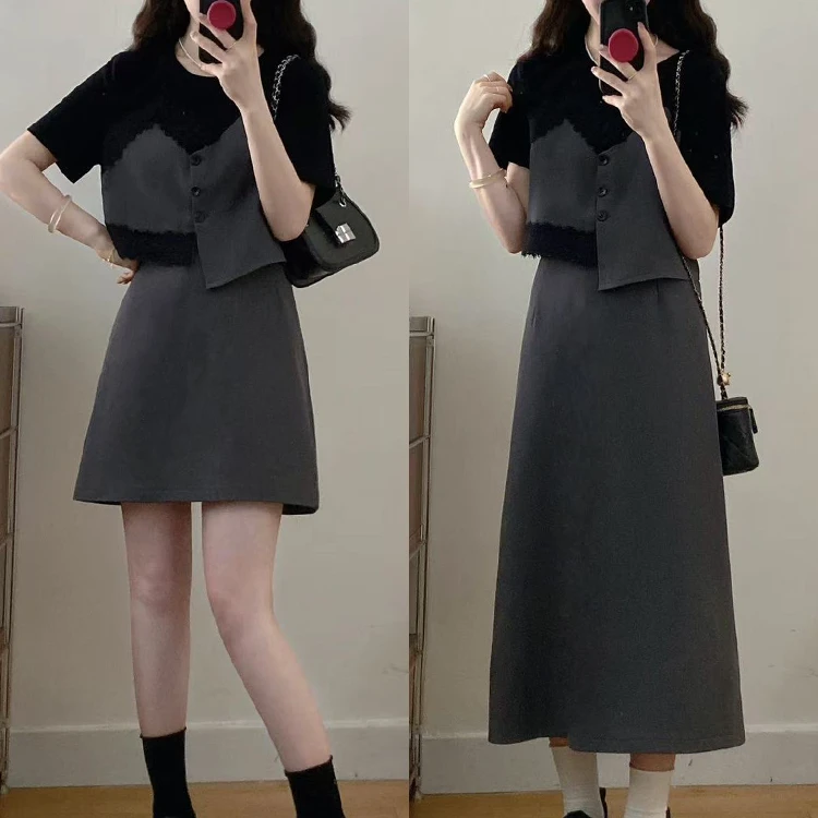 不规则蕾丝拼接假两件上衣半身裙两件套女夏大码气质显瘦别致套装