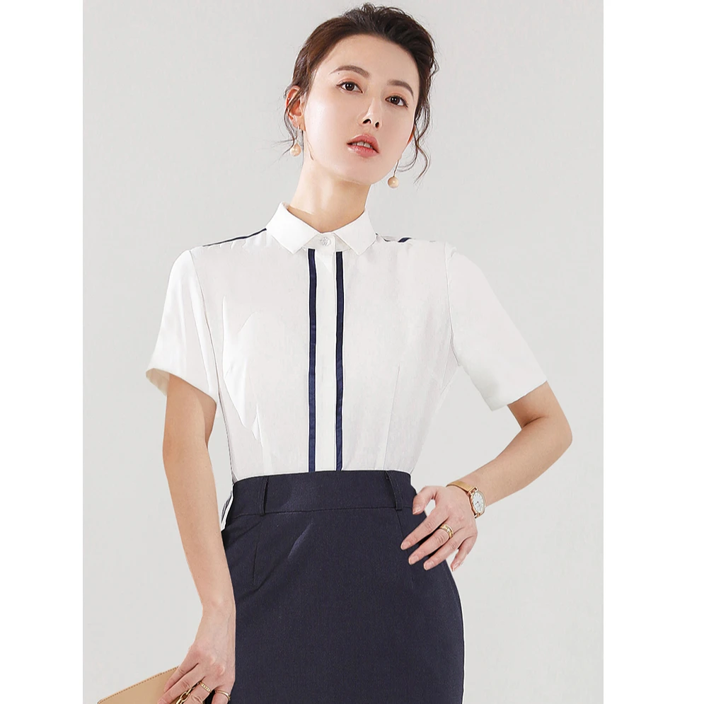 B0808春装2024年新款女衬衣时尚气质短袖白色衬衫女职业面试正装C