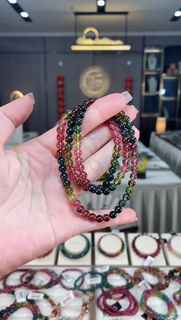 未镶嵌冰透净体老矿碧玺彩虹三圈手串5mm+碧玺hon多样性发一条