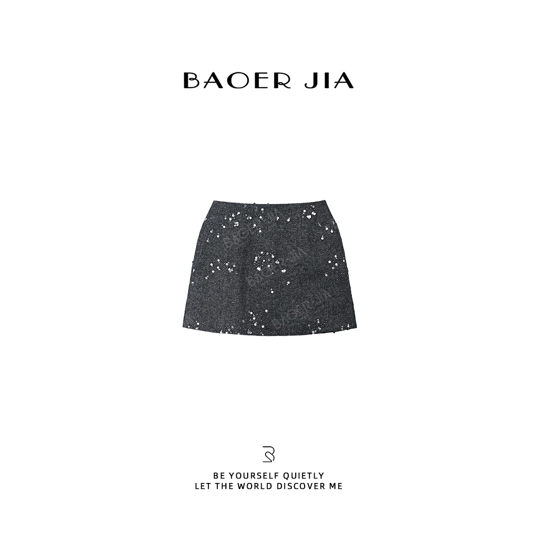 53-【星光裙】宝儿家含幂BD49425412XQ羊毛时尚百搭亮片A字半身短裙
