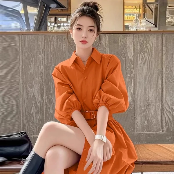 2025新款今年流行爆款裙子御姐高知穿搭绝美橙色收腰衬衫连衣裙女