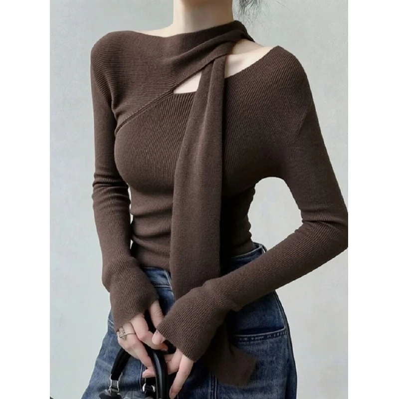 秋季独特超好看单穿上衣法式小众设计感洋气减龄通勤风咖色针织衫
