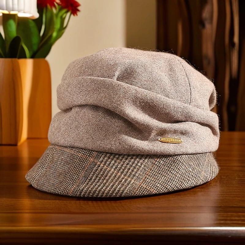 春秋冬季羊毛呢帽子女冬天加绒包头百搭时尚渔夫帽休闲显脸小盆帽