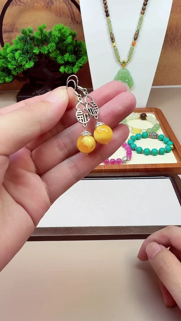 银S925镶嵌蜜蜡耳饰E57