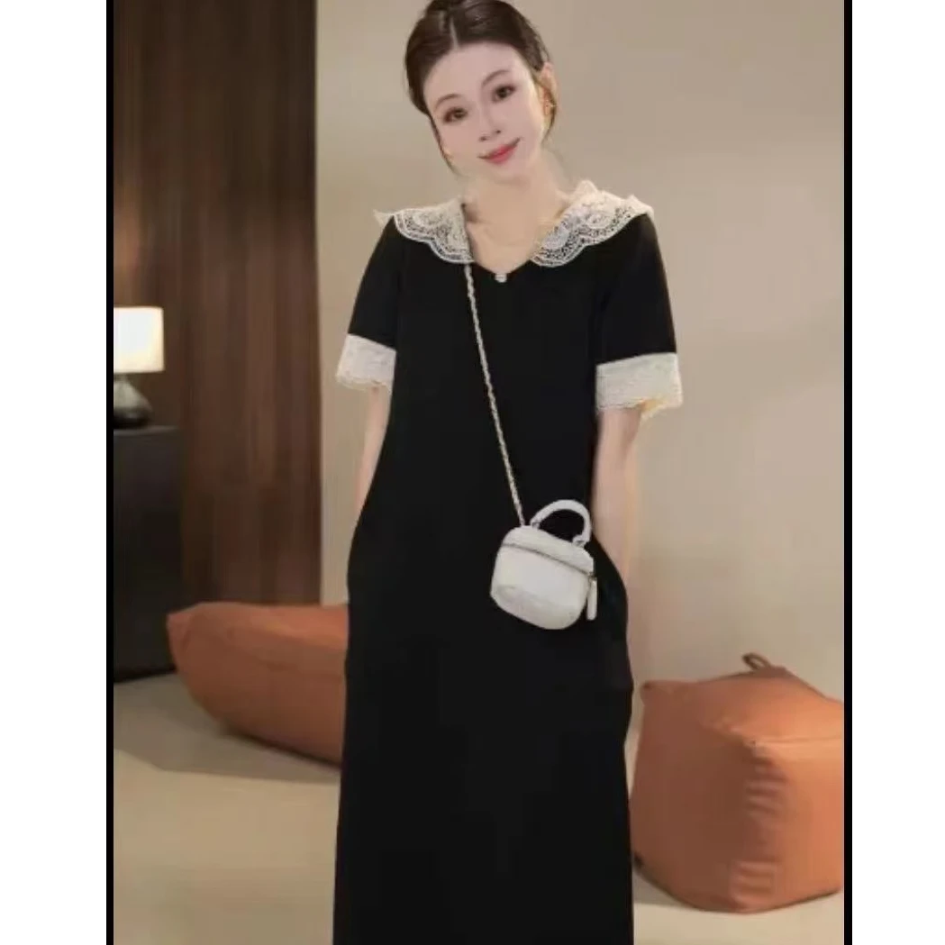 爆款蕾丝拼接连帽连衣裙女2025年夏季气质短袖设计感遮肉减龄长裙