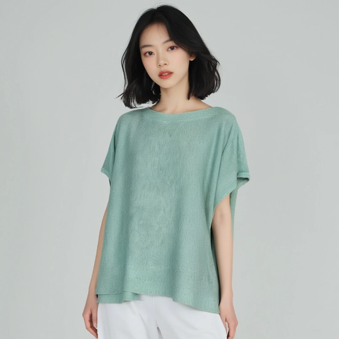 8907新款夏季休闲洋气宽松圆领百搭针织时尚中长款上衣