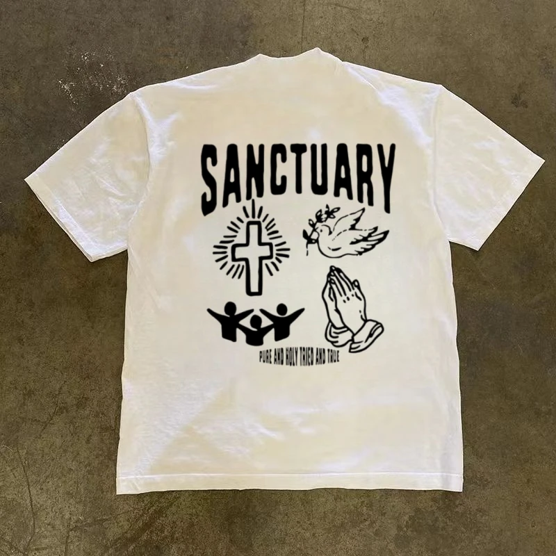 2025新款和平鸽印花纯棉短袖T恤男士美式休闲情侣款ins小众设计感