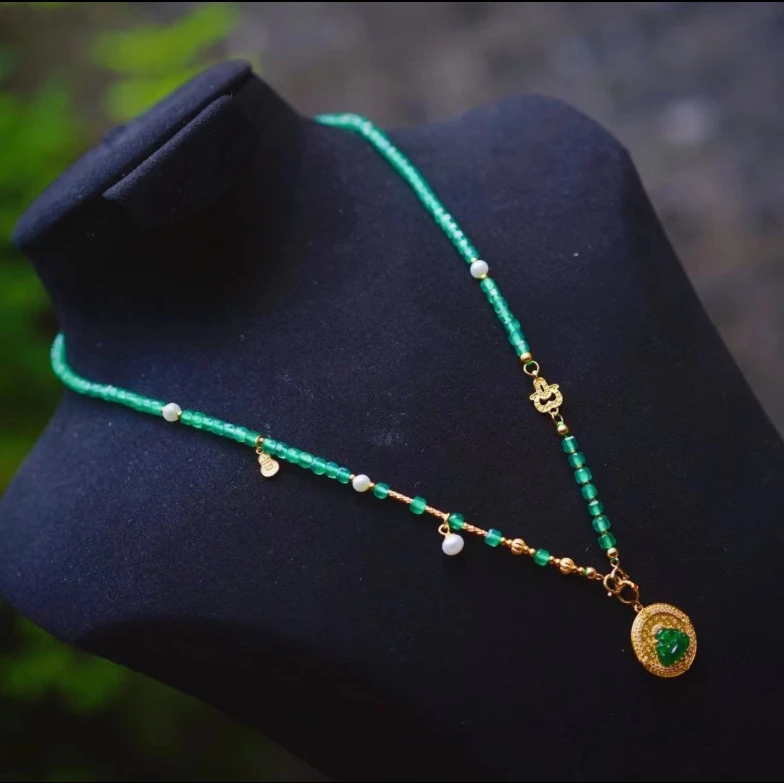 吴越老银铺S925银镶翡翠吊坠送玛瑙链子时尚简约