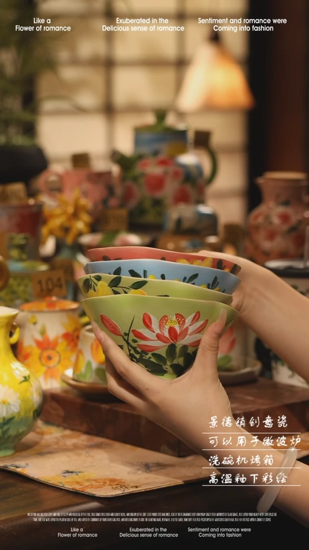 陶瓷四件套景德镇高温手绘釉下彩设计师款式