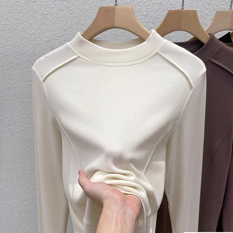 半高领加绒加厚打底衫女秋冬磨毛长袖上衣2024新款洋气双面绒内搭