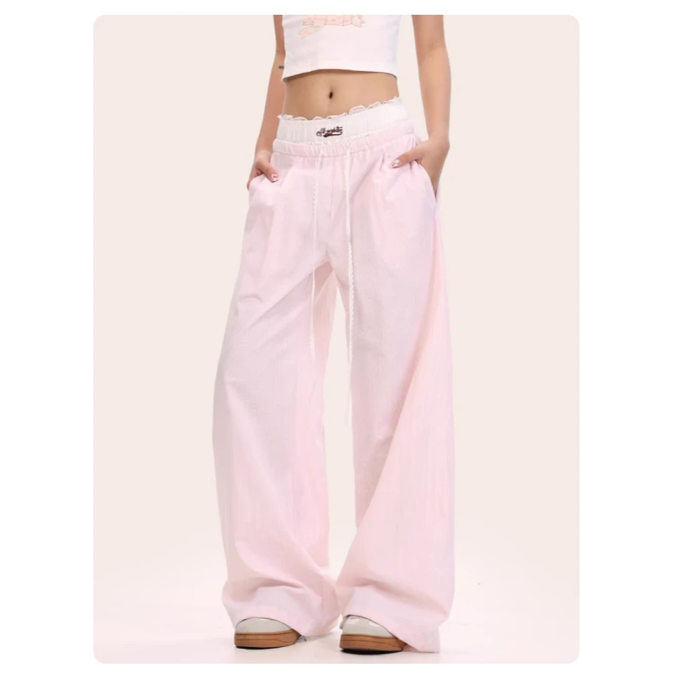 【0123清仓】欧若风假两件蕾丝拼接休闲裤宽松直筒风阔腿条纹裤