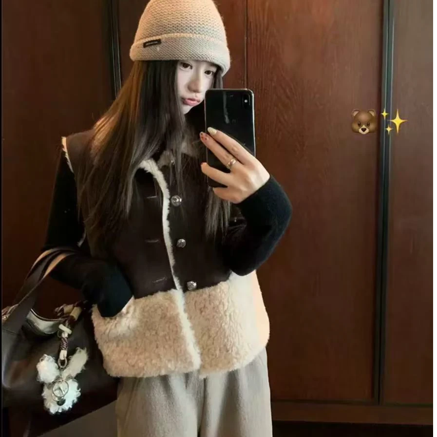 时尚感拼色翻领毛绒马甲背心叠穿百搭坎肩加内搭套装60322