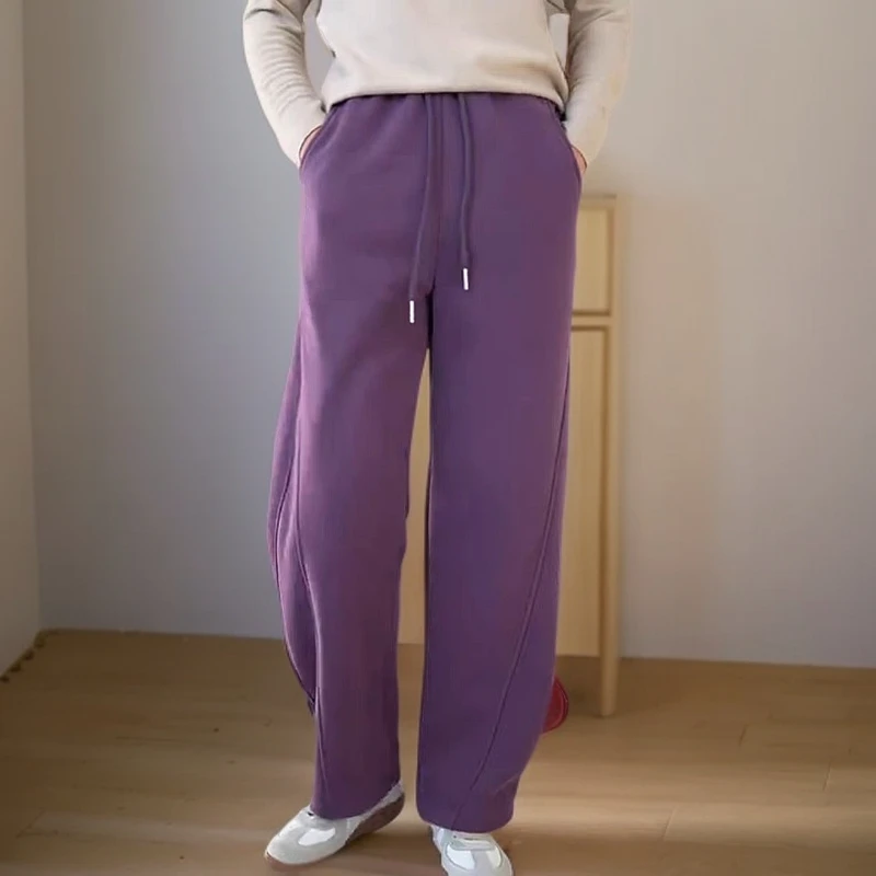 冬款纯色加绒新款高腰宽松显瘦撸猫裤货高腰运动休闲阔腿卫裤女秋