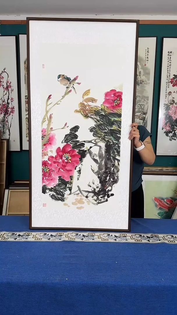 国画牡丹实木装裱63*123