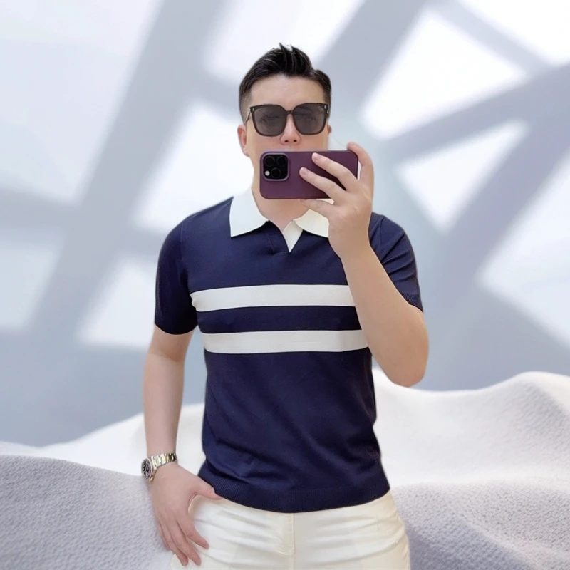 宾斯洛特男士polo衫夏季新款大气条纹修身舒适百搭冰丝短袖T恤