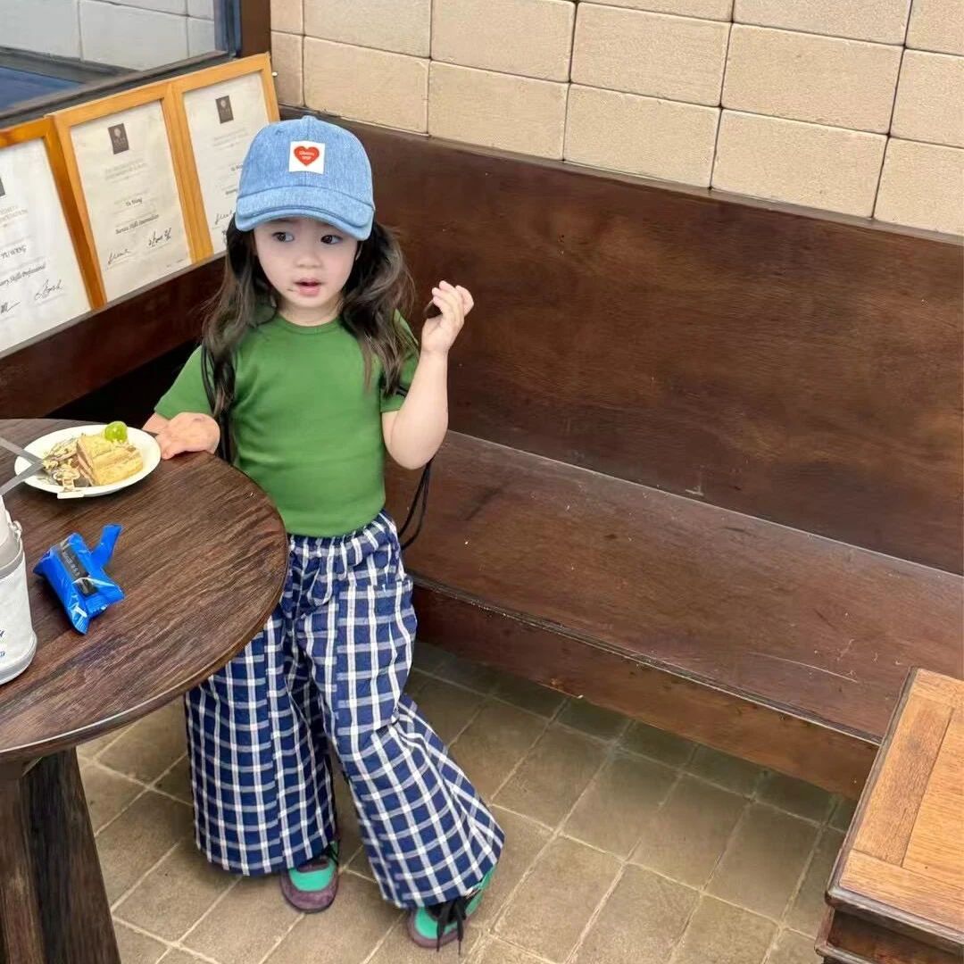 小惜亦女童2025夏季新款韩版绿色短袖格子休闲裤女孩洋气韩范衣服