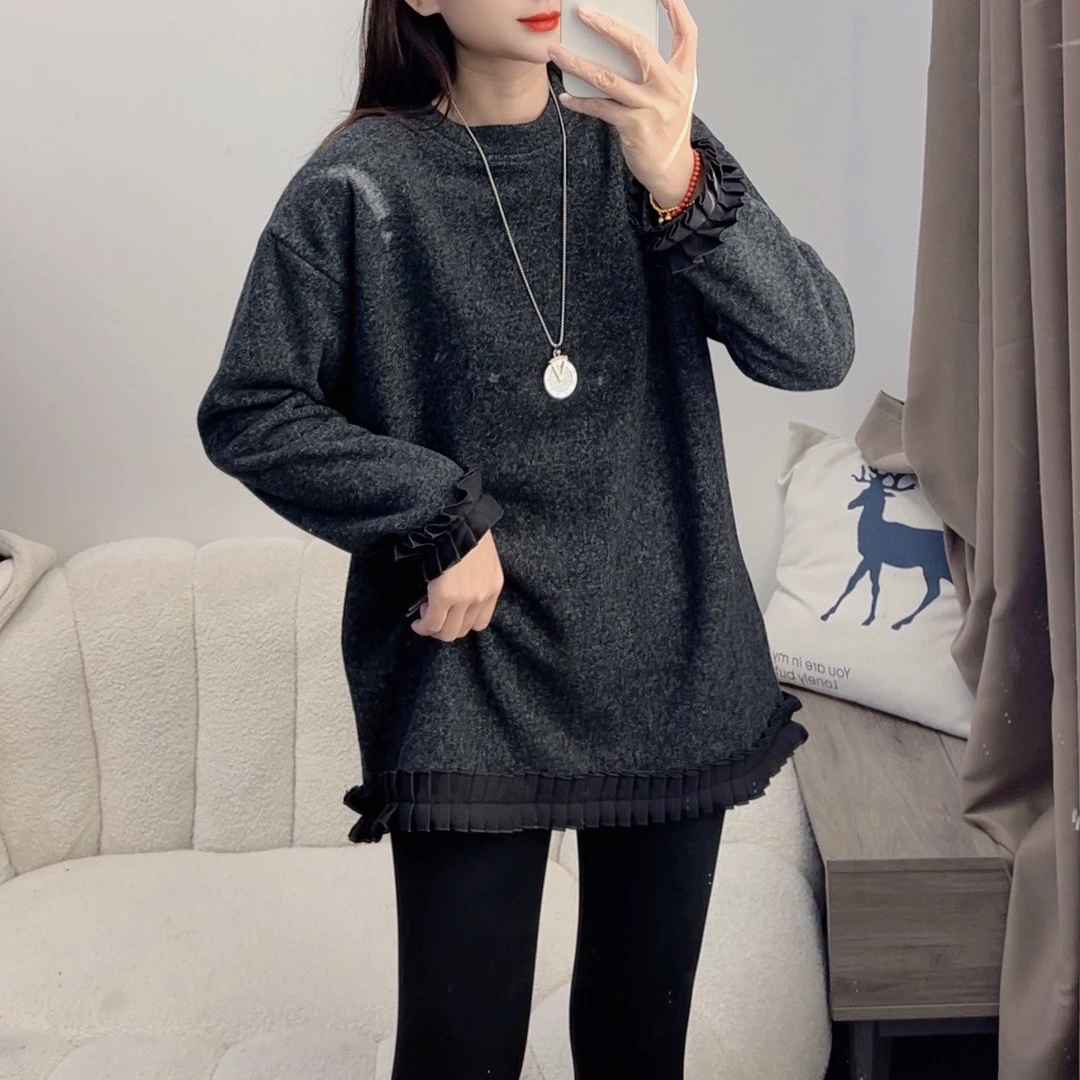 加绒蕾丝拼接打底卫衣T恤冬新款显瘦打底衫女装DYY2541