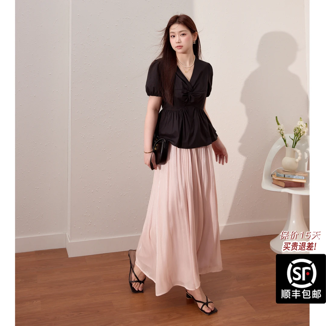 蓝语大码女装设计感扭结短袖小衫显瘦仙气半身裙夏遮肉套装09280