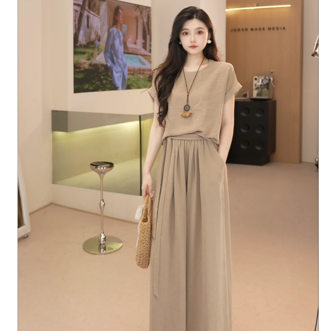 Basic House/百家好CSM新款休闲简约短袖上衣慵懒风阔腿裤套装