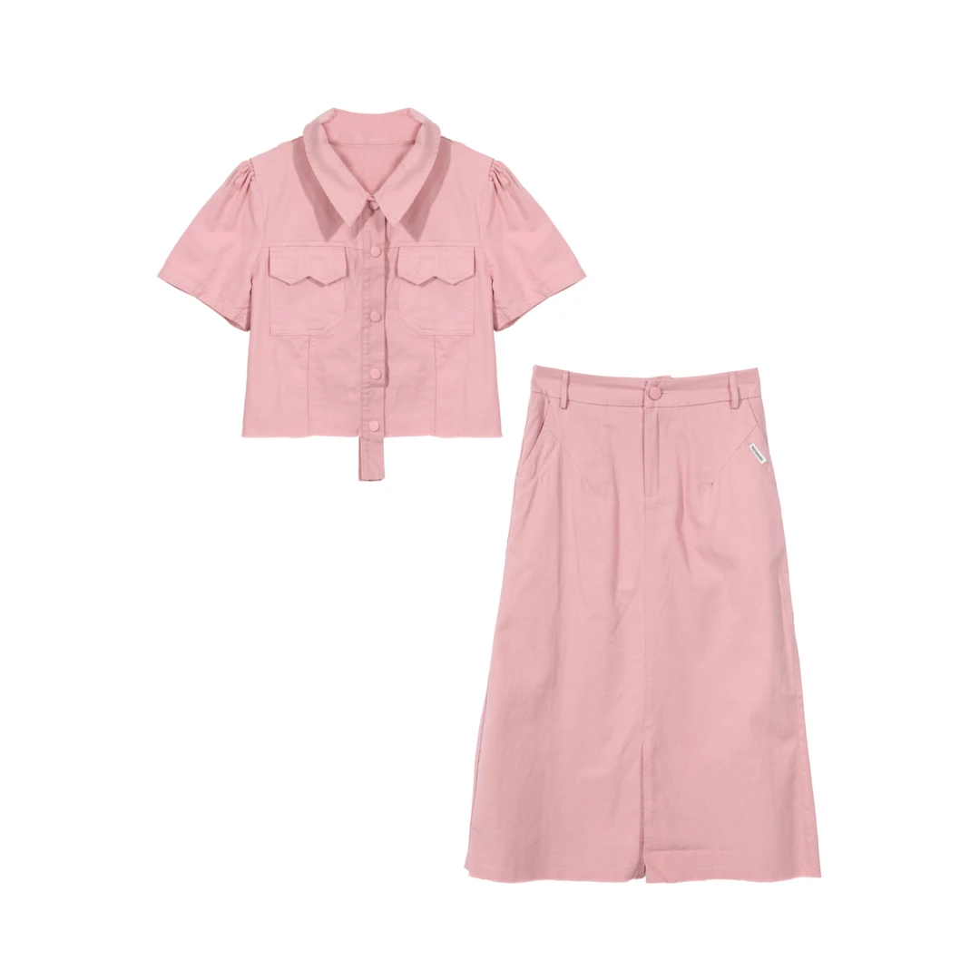 【龙哥专属】D3F38192A 泡泡袖短衬衫 + 高腰半身裙套装 3739