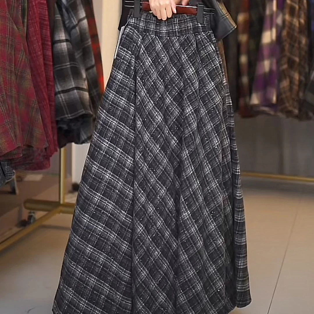 【慧】301大摆毛呢高腰格子复古百搭中长裙半身裙女2025秋冬新款