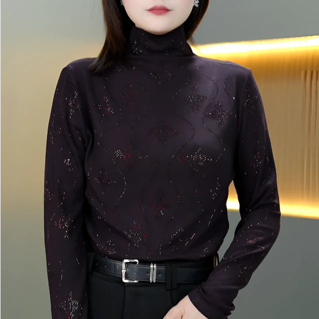 2025新款半高领纯色百搭烫钻长袖休闲T恤气质女修身小衫妈妈装