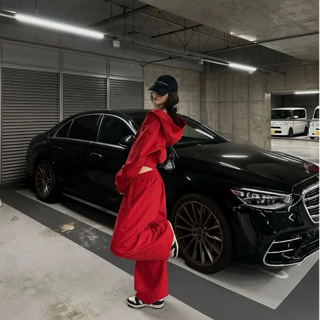 春秋百搭lu家经典休闲短款连帽卫衣外套红色宽松束脚阔腿裤套装