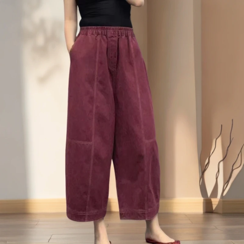 透气轻职风松紧春秋季高腰风休闲裤宽松百搭裤阔腿裤八分裤直筒