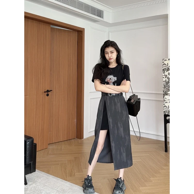 张阿星【自由时刻】假两件连衣裙卡通T拼接水墨印染裙W425Q06542