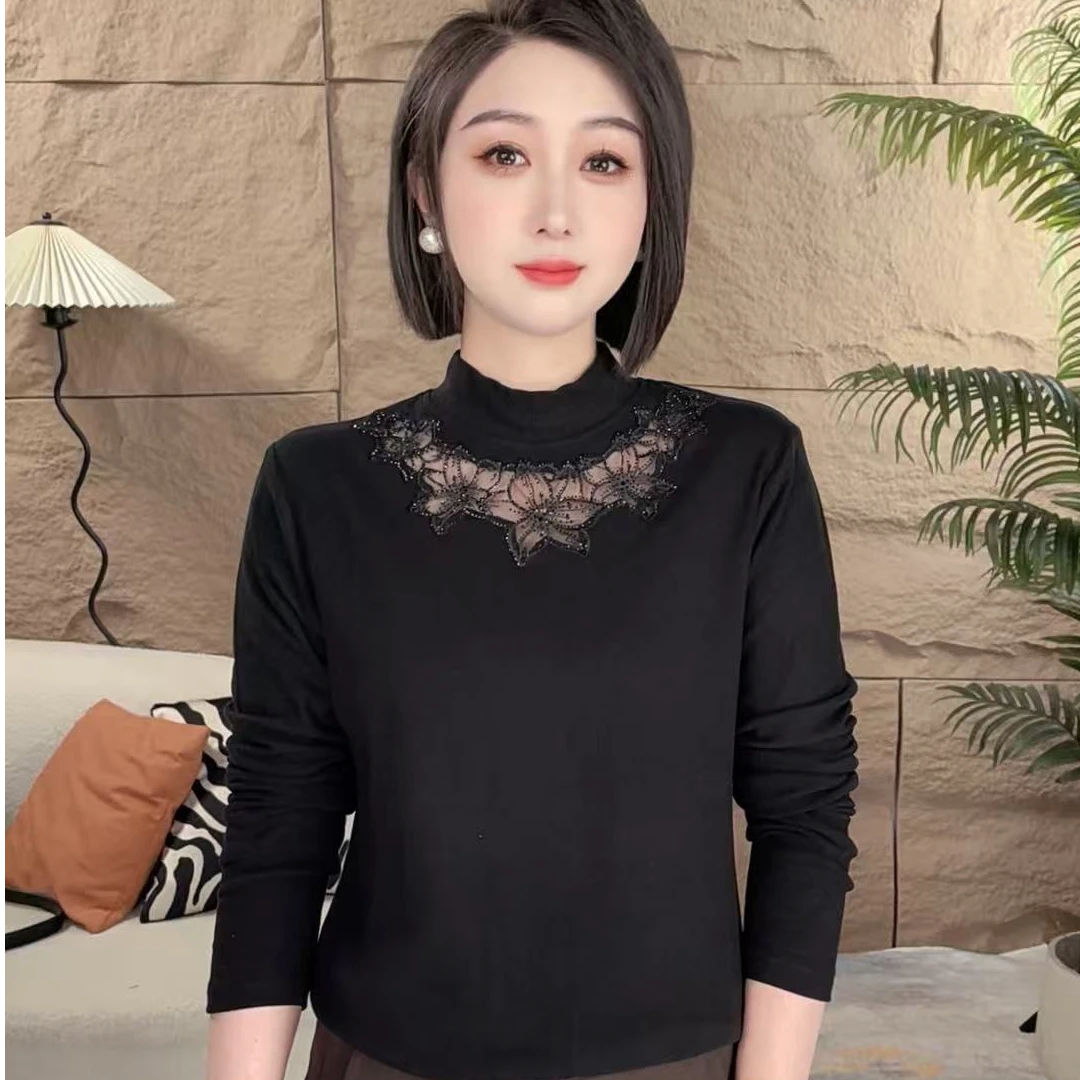 2025秋冬绒打底衫花朵烫钻减龄显瘦女中领针织气质百搭上衣打底