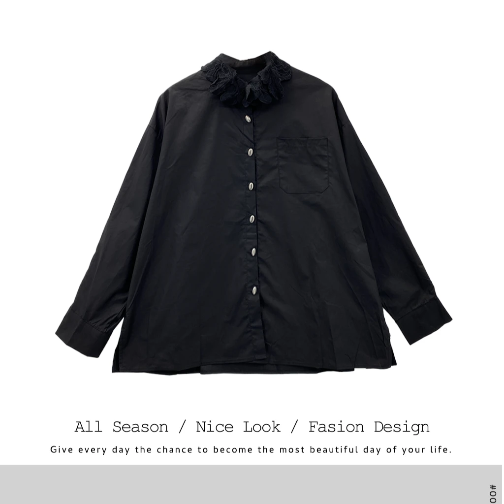 578    时尚黑色拼接蕾丝花边宽松百搭衬衫       款号#88366