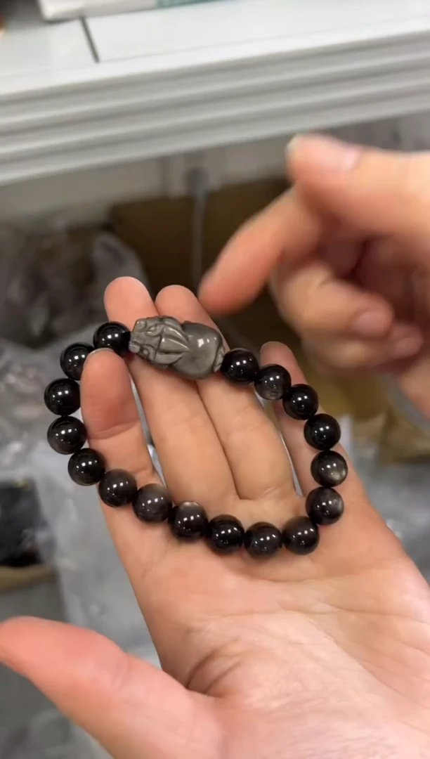 黑曜岩未镶嵌手链银曜石貔貅款手串10MM[0250]