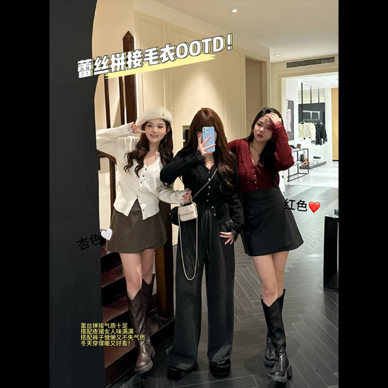 现货【洋仔】大码针织毛衣+时尚皮裙蕾丝V领两件套 11091C+09134C