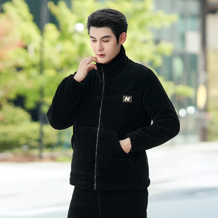 冬季新款男士三层夹棉加绒加厚保暖套装男士高颜值可外出睡衣