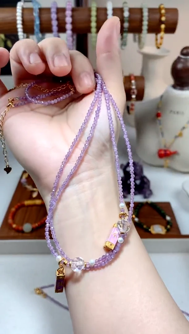 【闪购商品】水晶项链银S925镶嵌六字珍珠切面紫水晶项链