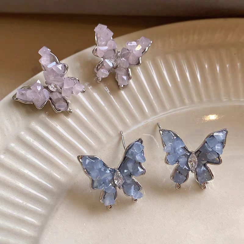 铜合金耳饰 超仙水晶蝴蝶耳钉小众高级感气质耳环夏精致耳环女