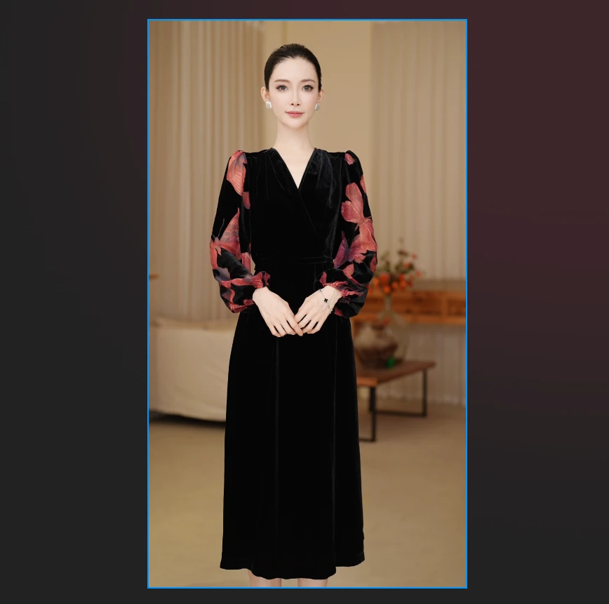 沐慕MUMU   彩云之南秋款真丝丝绒高贵长款连衣裙女TB-03-103
