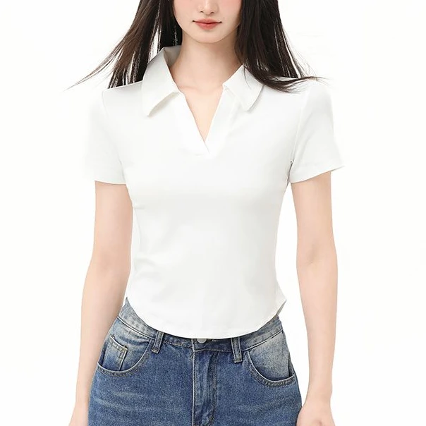 白色短款翻领polo衫t恤女夏季正肩v领修身短袖上衣2025新款