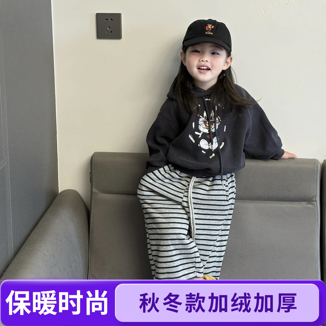 儿童加绒加厚卫衣套装男女宝宝韩版卡通两件套洋气套装