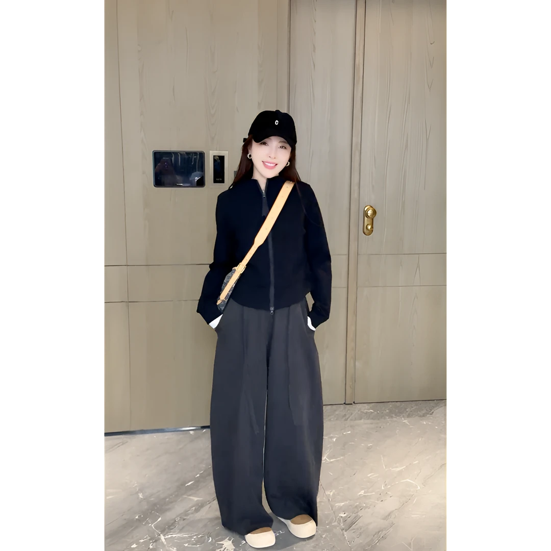 欧货立体裁剪秋季女士立领双拉链双腰线显瘦卫衣+休闲阔腿裤套装