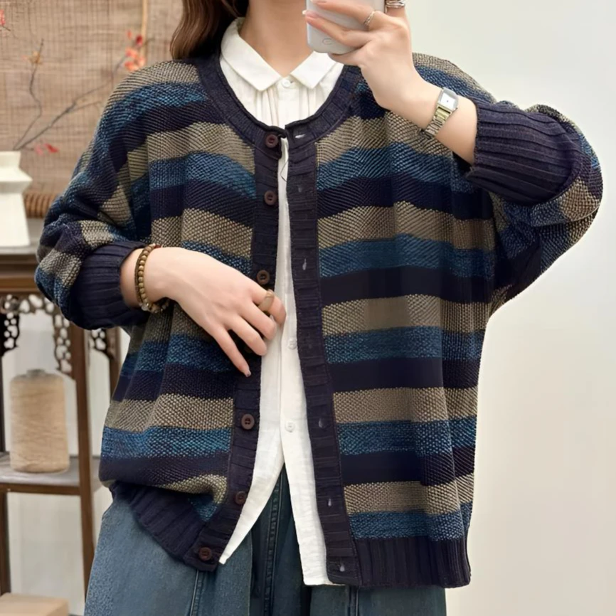 新品秋冬复古韩版高级拼色条纹棉针织外套宽松遮肉显瘦外搭开衫女