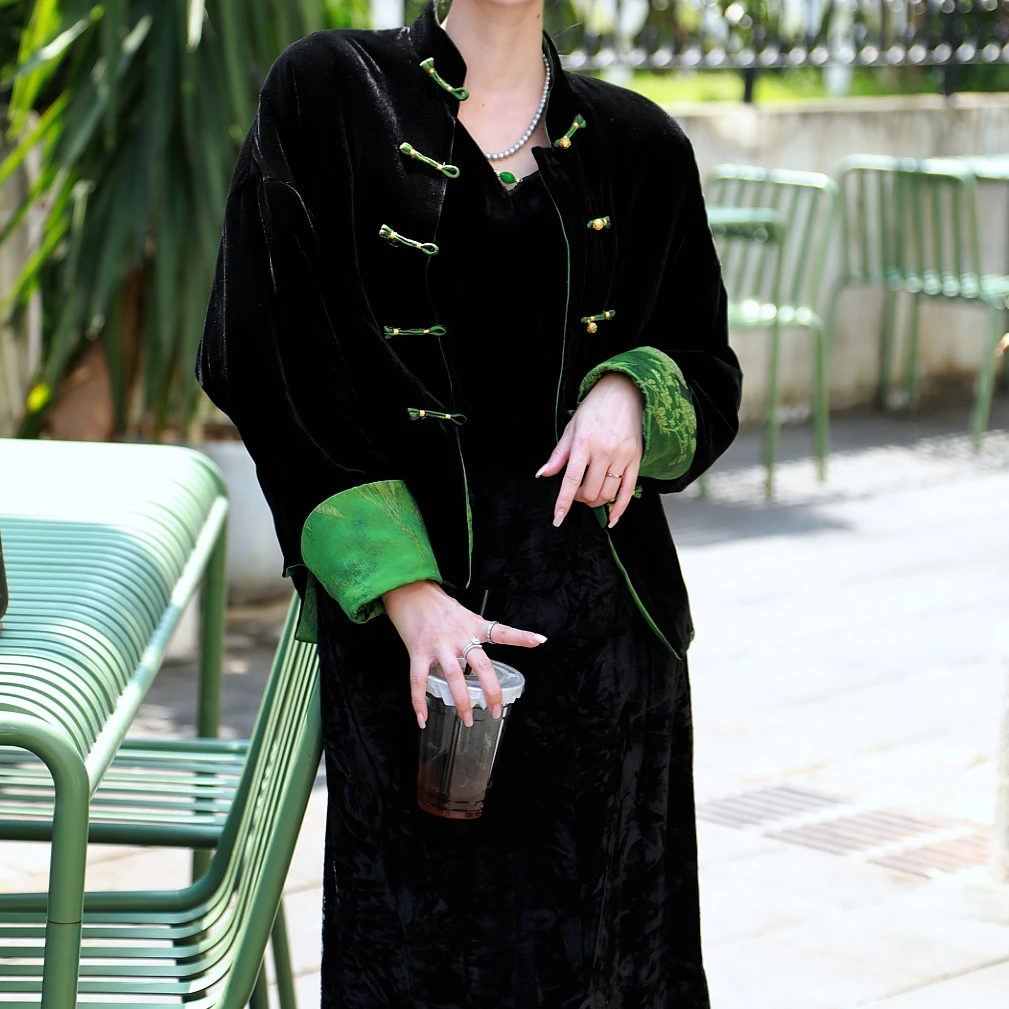 ELFBOX黑色新中式国风丝绒外套女改良唐装幂式穿搭别致棉服2563