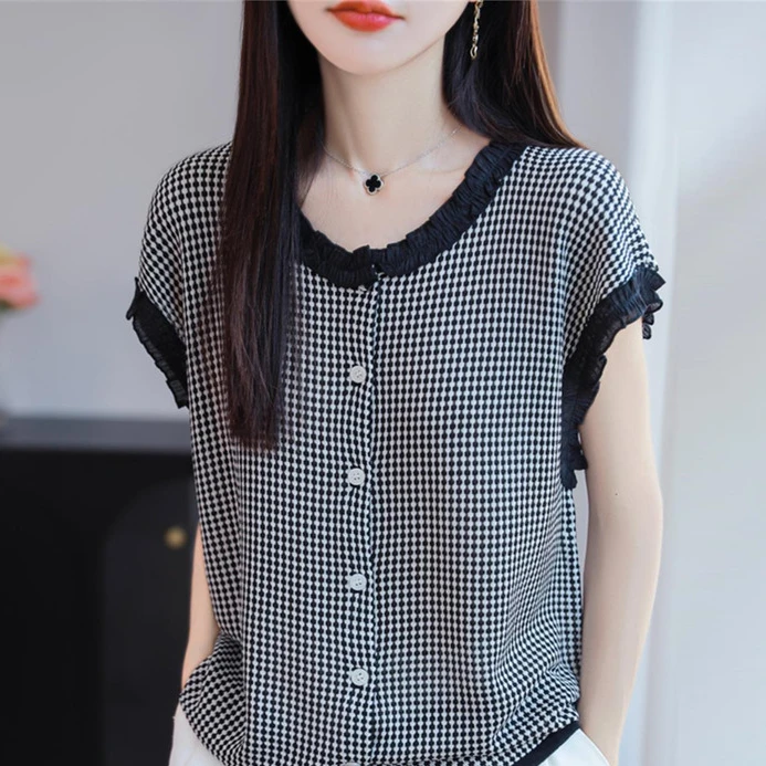 职业阿玛诗官女装2025春夏新款格子休闲小飞袖针织开衫